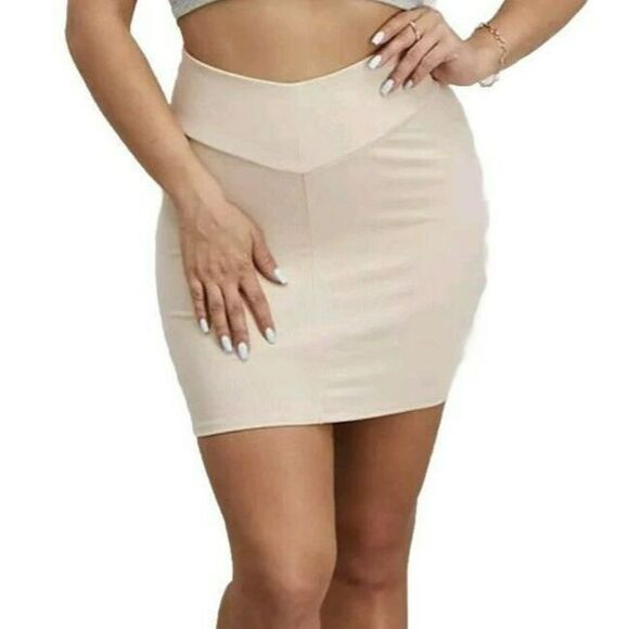 Naked Wardrobe V-Cut Mini Skirt in Oatmeal Stretchy Ribbed Bodycon Womens S NWT - Picture 1 of 13